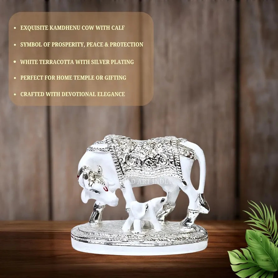 Gold Art India Kamdhenu Cow with Calf Idol White & Silver Plated Finish