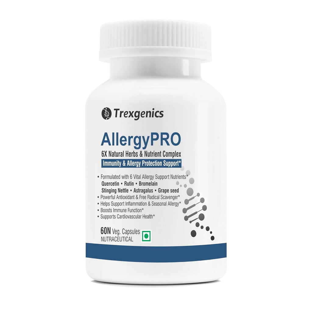 Trexgenics ALLERGYPRO 6X Natural Allergy Support with Quercetin, Rutin, Bromelain, Astragalus extract Grape seed extract 95% OPC, Stining nettle extract (60 Veg. Capsules) (Pack of 1)