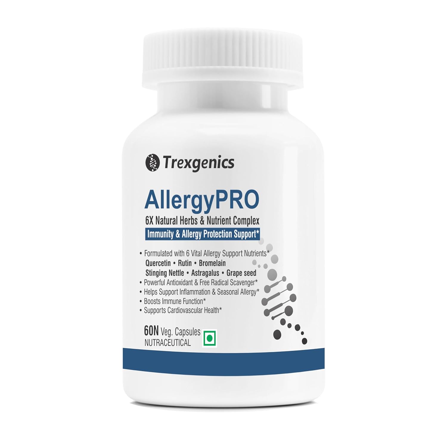 Trexgenics ALLERGYPRO 6X Natural Allergy Support with Quercetin, Rutin, Bromelain, Astragalus extract Grape seed extract 95% OPC, Stining nettle extract (60 Veg. Capsules) (Pack of 1)