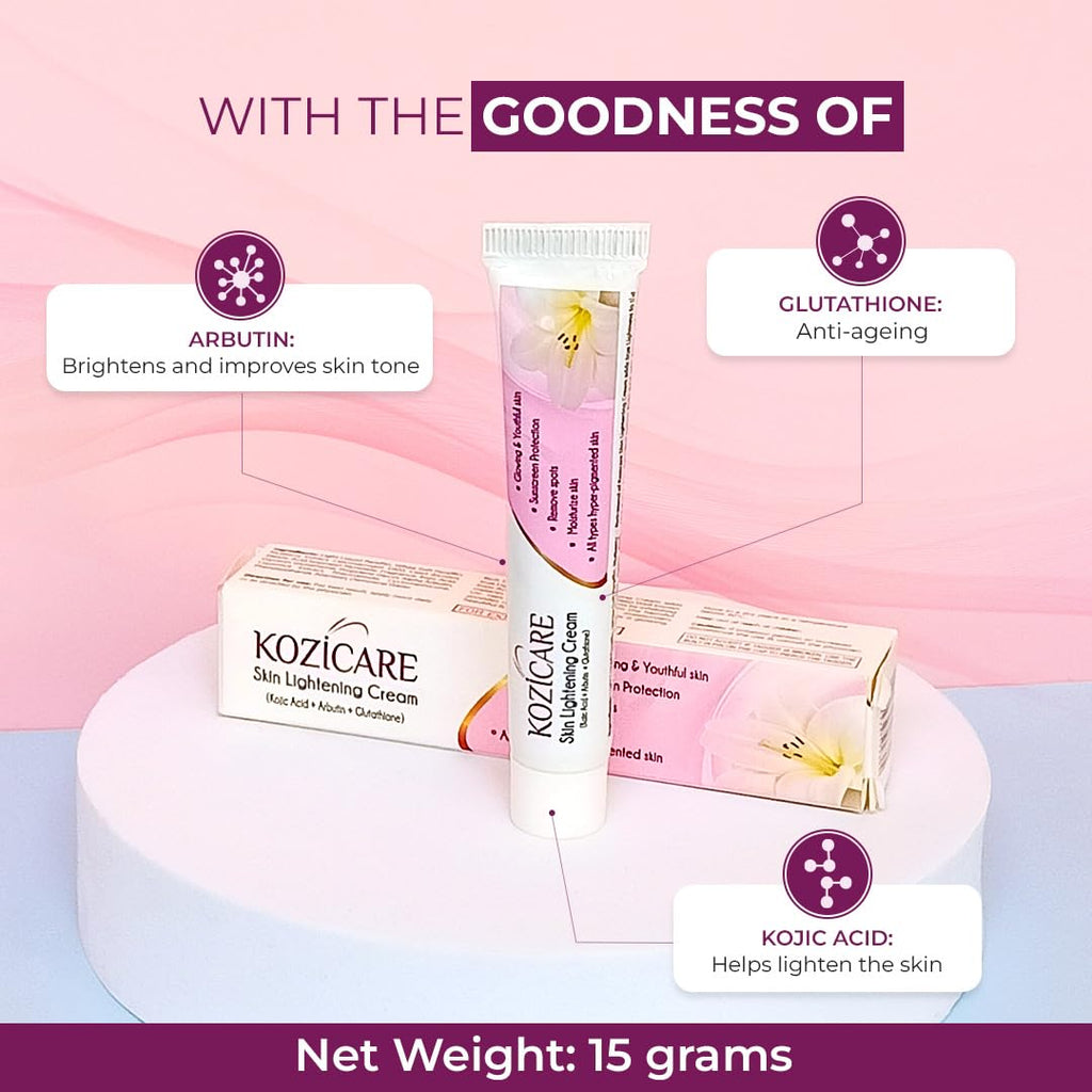 Kozicare Skin Lightening Non-Sticky Cream Lotion | Enriched with 3% Kojic Acid, 1% Alpha Arbutin, 1% Glutathione, 2% Niacinamide, 2% Vitamin C | Best for Melasma, Pigmentation, Dark/Age Spots, Uneven Skin Shade - 15gm (New Formula)