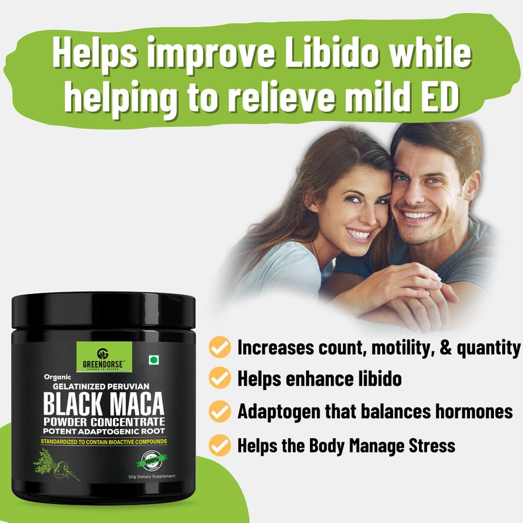 GREENDORSE Peruvian Black Maca Root Powder Concentrate | Rich in Macamide & Macaenes, 3rd Party Lab Tested | Stamina & Reproductive Health Support, Performance,Vitality- High Potency-50g