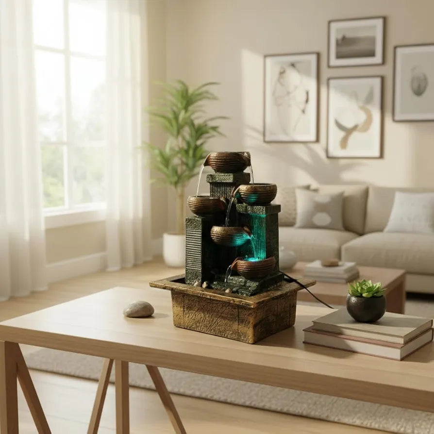 Alila Resin Table Top Water Fall Fountain For Home Decor With Led Lights Decoration 15 Inch Height