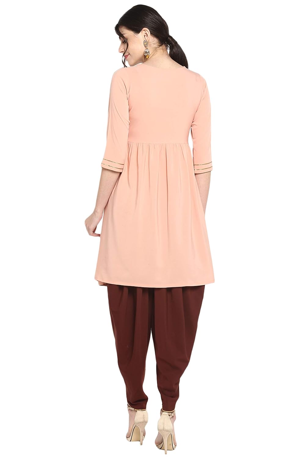 Janasya Women's Peach Georgette Thread Work Kurta with Sharara