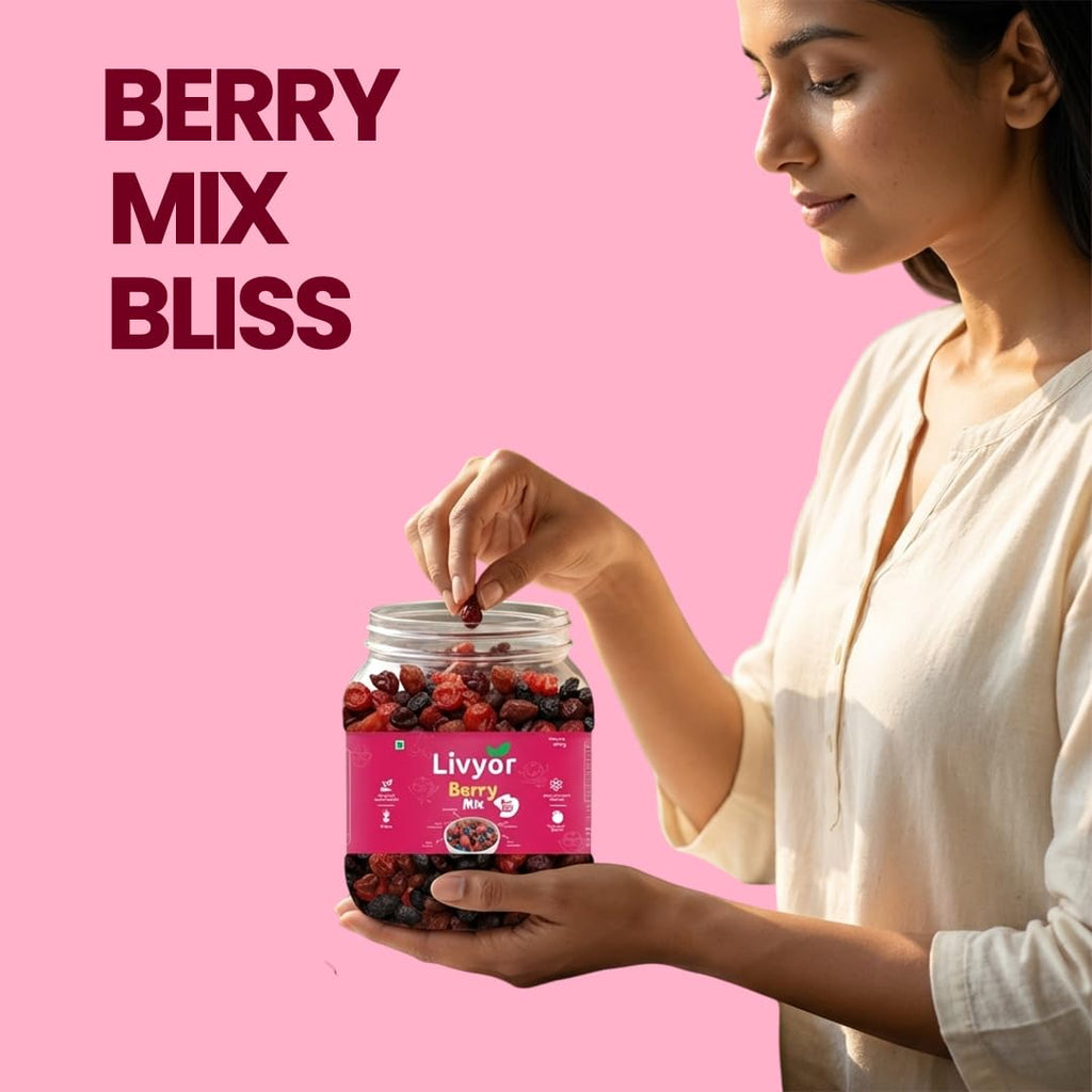Livyor 5 in 1 Berry Mix for eating - 400 gm | Good Source of Fibre | Dried Cranberries | Black Raisins | Cherries | Blueberries | Strawberries | Berry Blast | Berries dry fruits | Berries fresh | (Pack of 1)