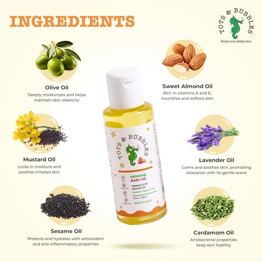Tots & Bubbles Calming Baby Massage Oil with Sweet Almond & Olive Oil - 50 ml