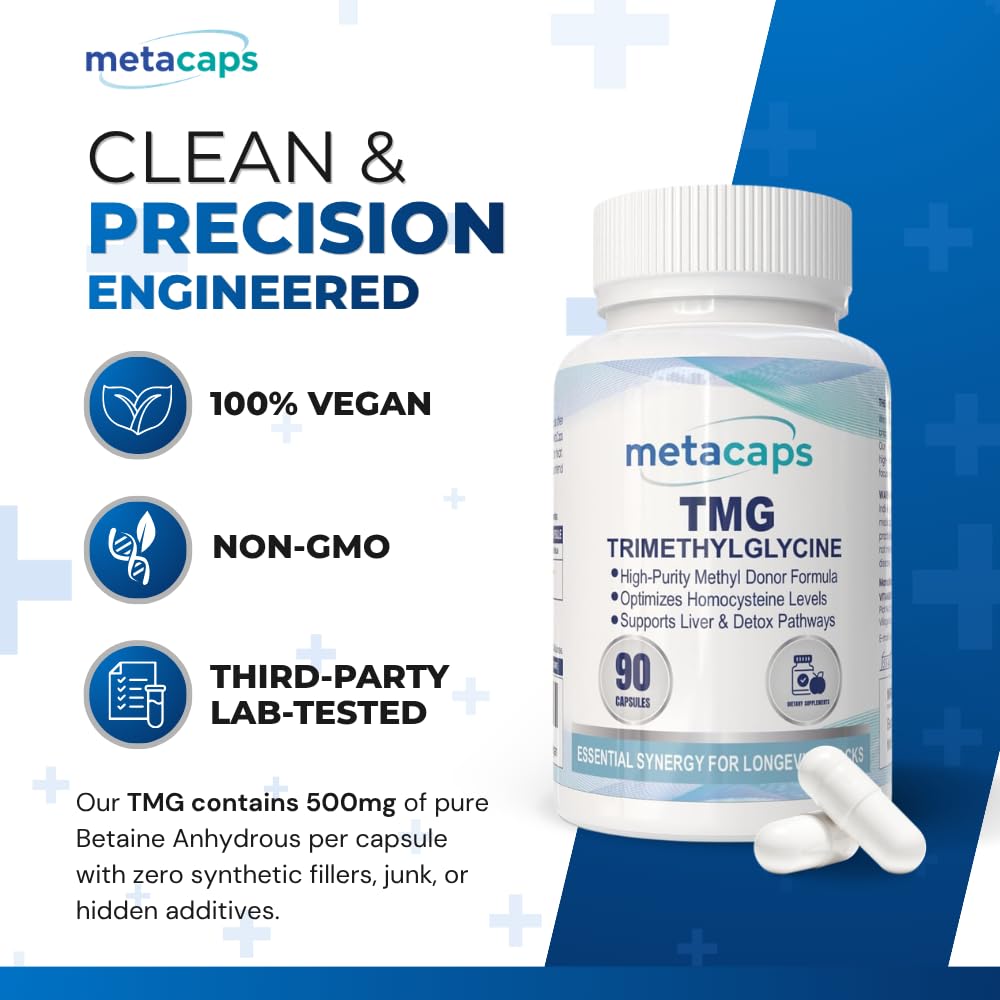 MetaCaps Pure Trimethylglycine (TMG) 500mg – 90 Veg Capsules | Premium Betaine Anhydrous | Vital Methyl Donor for Homocysteine Balance & Heart Health | Supports Liver Function & Cellular Energy | Non-GMO & Vegan