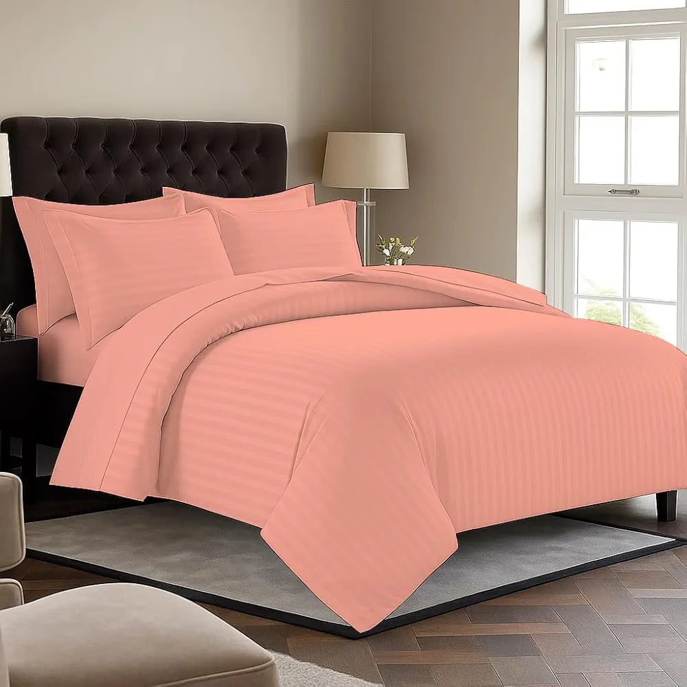 Trance Home Linen Zippered 100% Cotton 200 TC Satin Stripe Queen Duvet Cover Quilt Cover with 2 Pillow Covers Colour Peach
