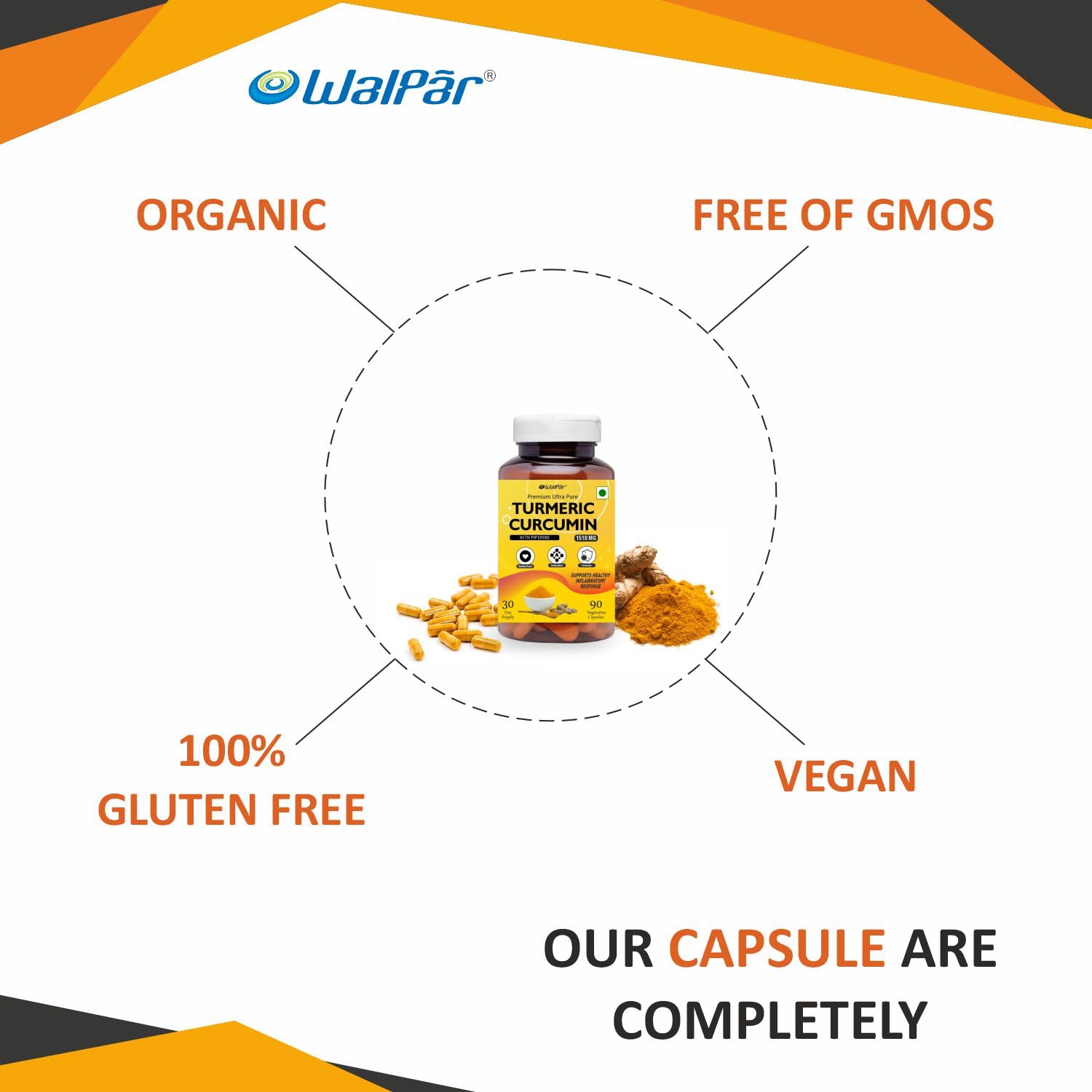 WALPAR Organic Curcumin Turmeric with Piperine Bioperine - 1510mg 90 Capsules