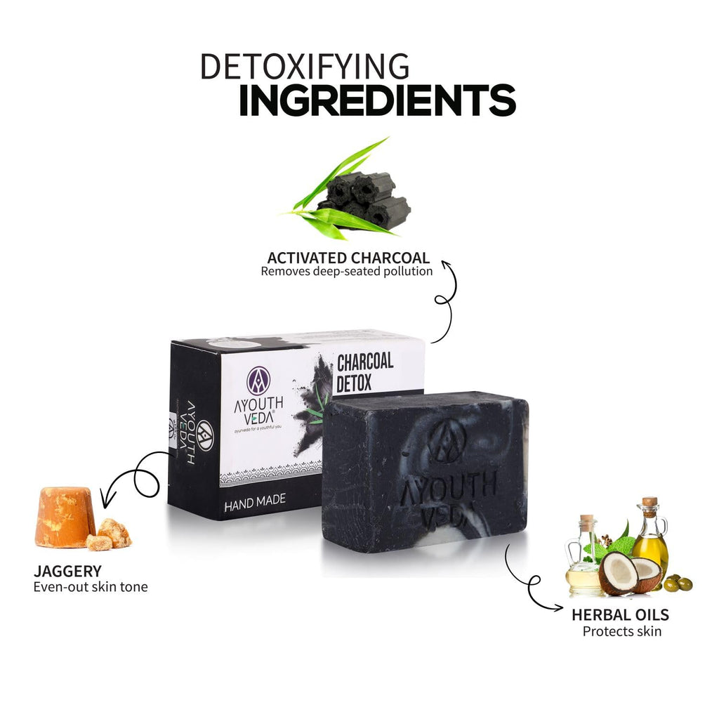 Ayouthveda Charcoal Detox Handmade Castile Soap | Charcoal, Jaggery & Five Nourishing Oils | Skin Brightening & Deep Cleansing Bath Soap for Men & Women | Helps Reduce Tanning | 110g (Pack of 1)