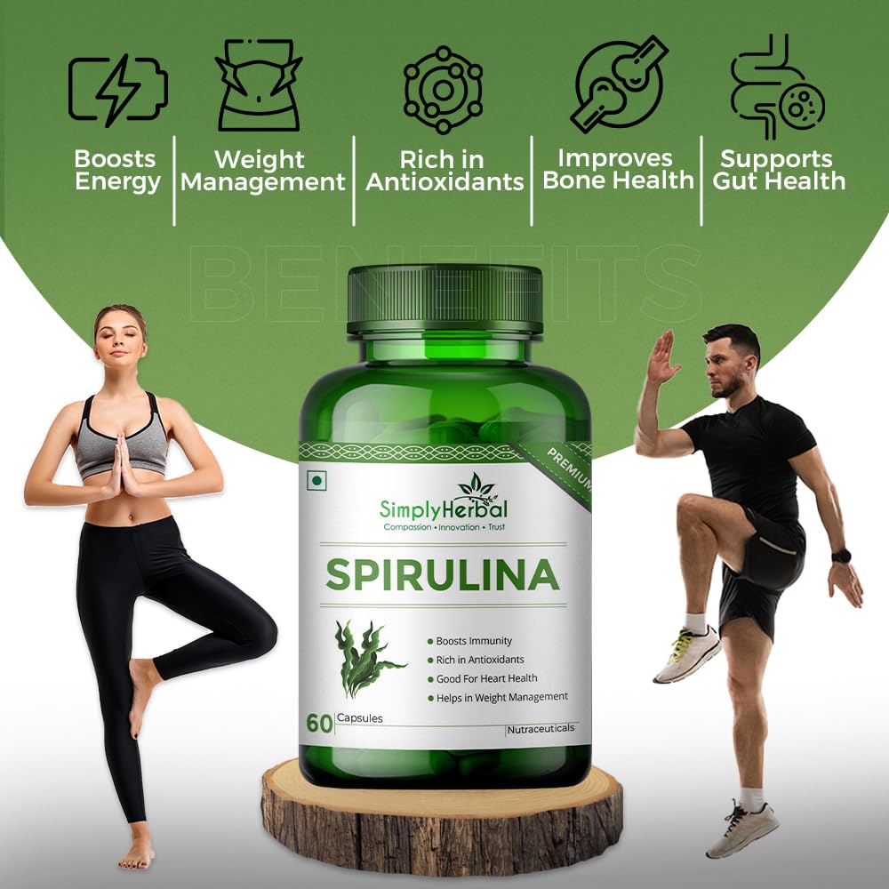 Simply Herbal Spirulina Capsules for Immunity | Natural Super Food and Nutritional Supplement | Green Food for Good Health Weight Management and Immunity Booster â€“ 60 Capsules