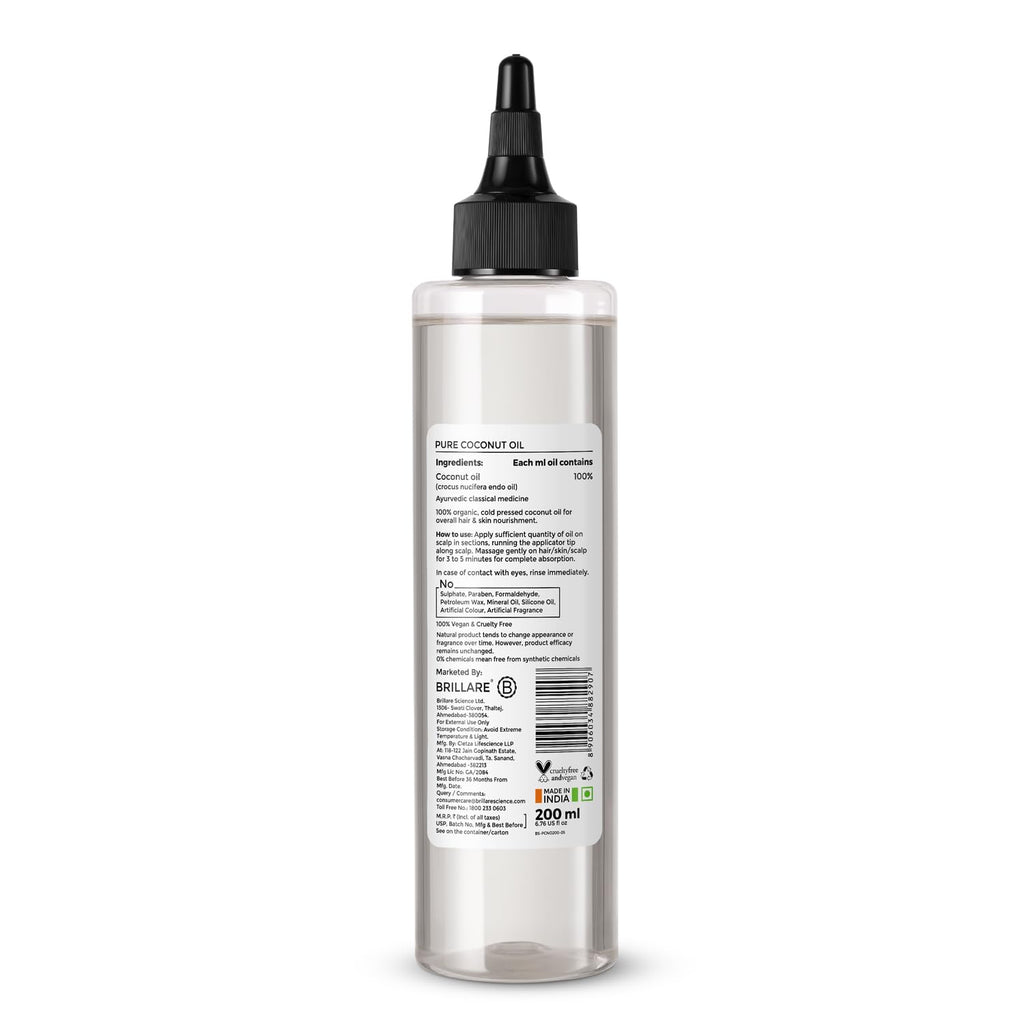 Brillare Pure Coconut Oil, Organic and Cold Pressed Hair Oil with Zero Chemicals, Rich in Vitamins & Amino Acids, Best for Dry & Flaky Skin