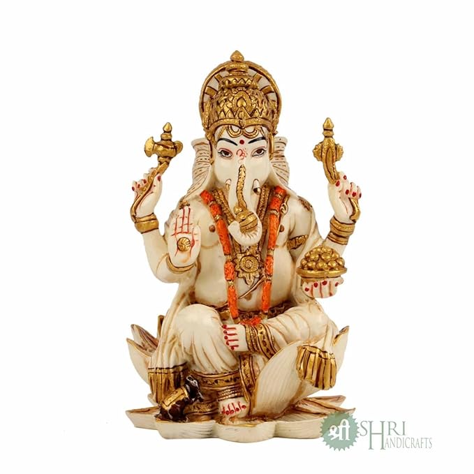 Indicast Resin 6.5" Inch Lord Ganesha Sitting on Lotus Fine Gold Painting Hindu God Ganesh Ganpati Idol Figurine