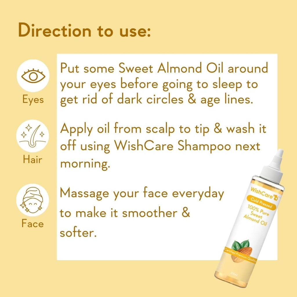 WishCareÂ® Pure Cold Pressed Sweet Almond Oil for Hair Growth and Glowing Skin & Face - 200ml
