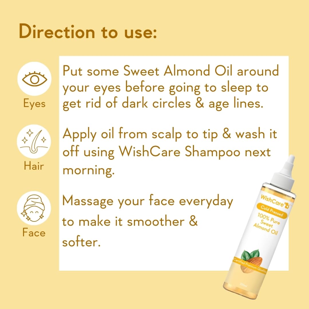 WishCareÂ® Pure Cold Pressed Sweet Almond Oil for Hair Growth and Glowing Skin & Face - 200ml