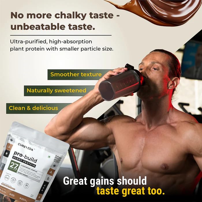 Cureveda Pro-Build Plant Protein Powder | 27g Vegan Protein + 6 Mushrooms | 5.1g BCAA & Digestive Enzymes | Cordyceps, Lionâ€™s Mane, Reishi, Chaga, Shiitake, Turkey Tail | Chocolate | 500g