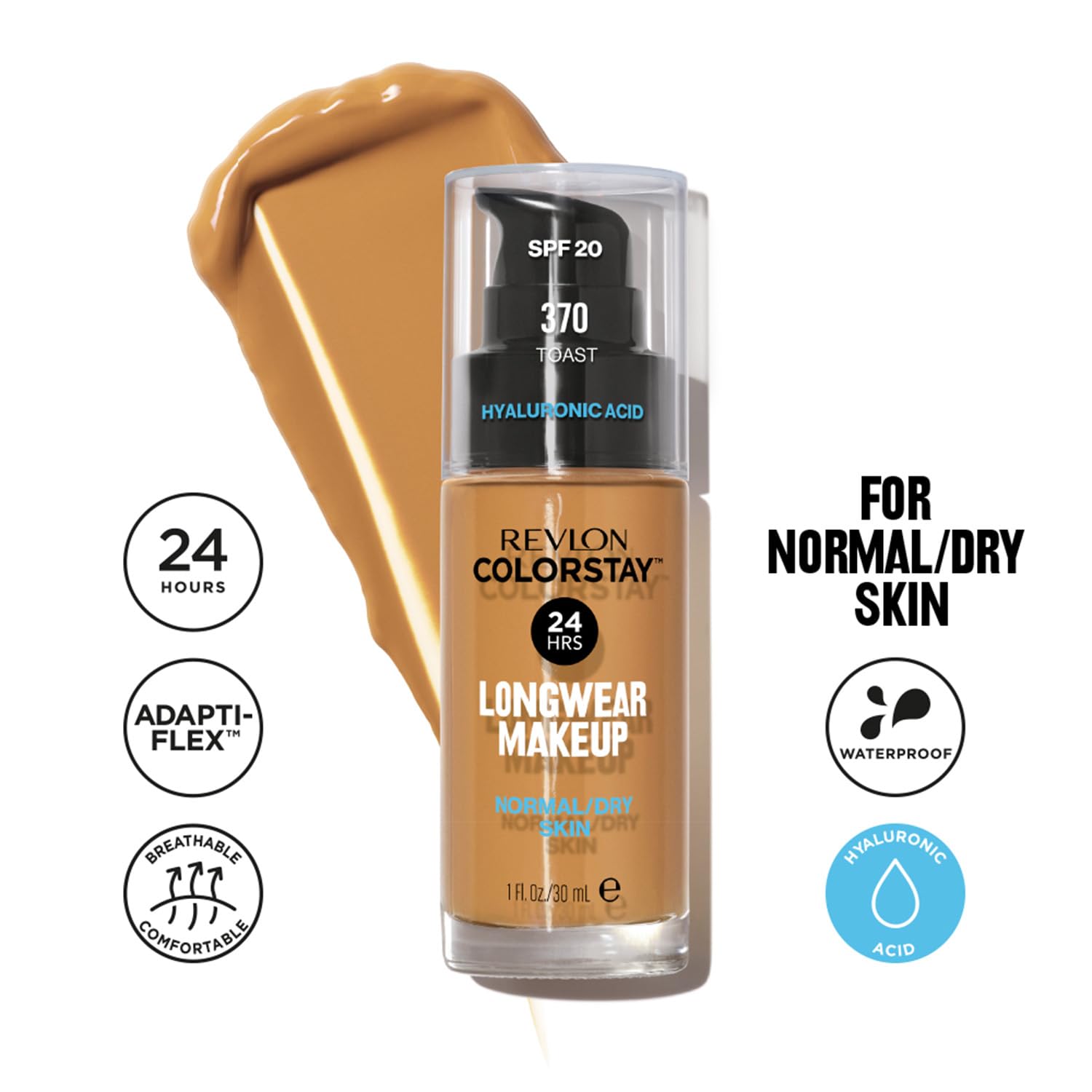 Revlon Liquid Foundation, ColorStay Face Makeup for Normal and Dry Skin, SPF 20, Longwear Medium-Full Coverage with Matte Finish, Oil Free, Toast, 1 Ounce