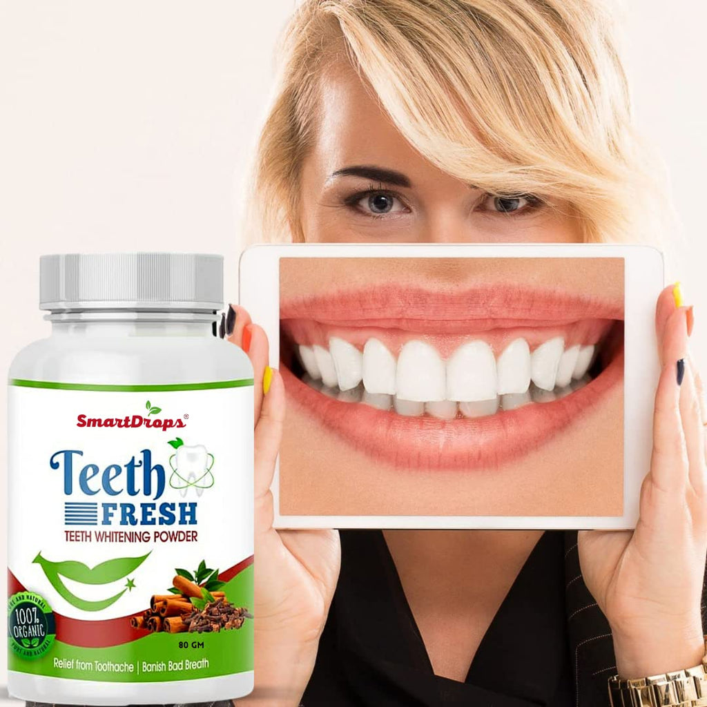 Smartdrops Teeth Whitening Powder, For Shiny Polished Teeth, Improves Teeth Whiteness and Brightness, Helps Fight Plaque, Removes Stains, Freshens Breath, Natural Ingredients, 80gm