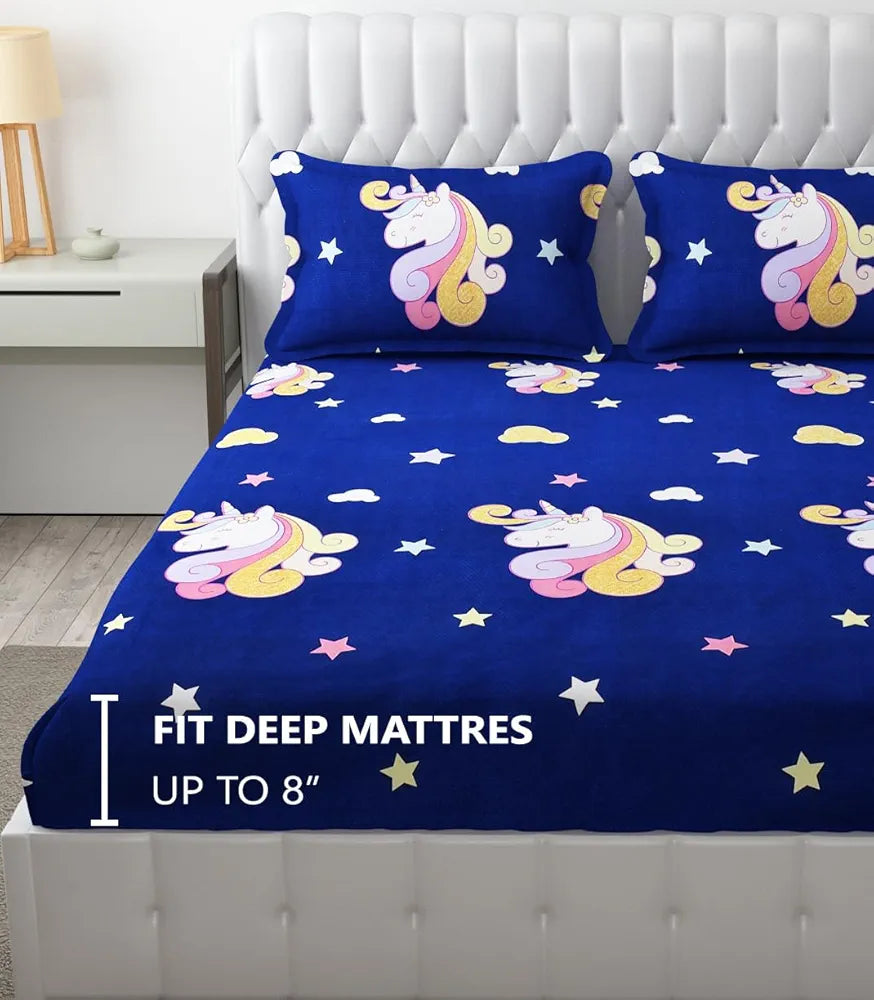 Fresh From Loom 300 TC Glace Cotton Wrinkle Free Soft Elastic Fitted Bed Sheet Cartoon Printed Bedsheets King Size For Kids With 2 Pillow Cover Dinosaur Blue