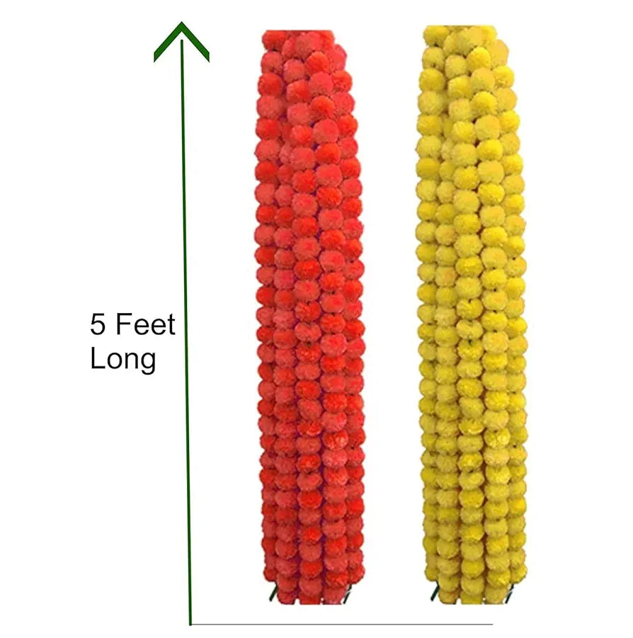 Decorative Marigold Garlands Mala Artificial Flower Genda Phool 4.5 Ft Long for Decoration Yellow+Orange 10 Pcs