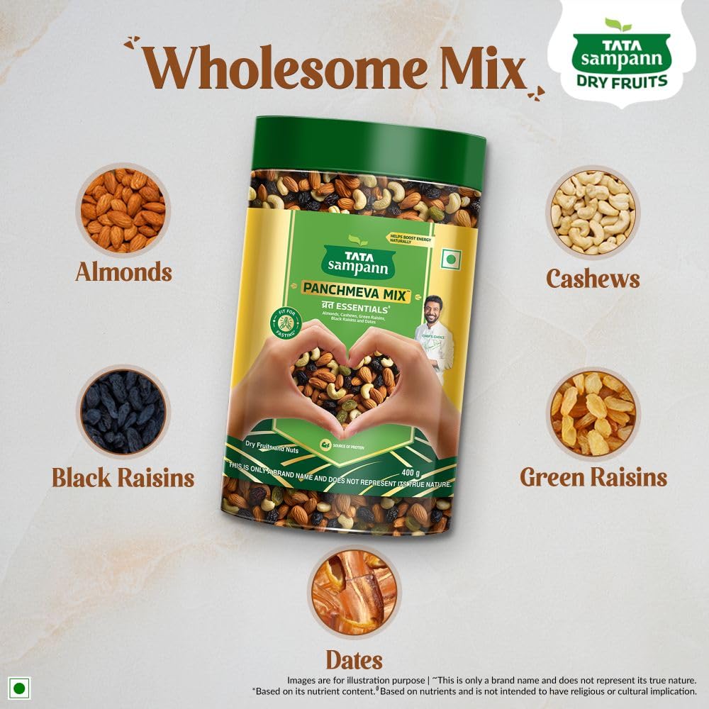 Tata Sampann Panchmeva Mix, Vrat Essentials, Blend of Almonds, Cashews, Green Raisins, Black Raisins, and Dates, Source of Protein, Fit For Fasting, 400g