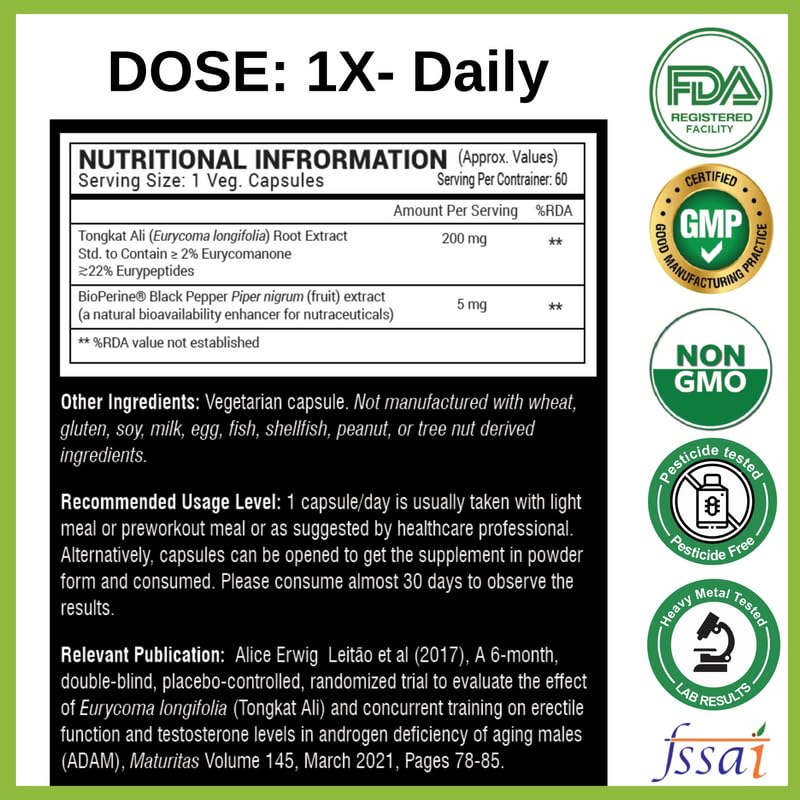GREENDORSE Organic Tongkat Ali Extract Capsules | 2% Eurycomanone by HPTLC | Enhanced T level, Stamina and Stress tolerance, Veg Capsules-60
