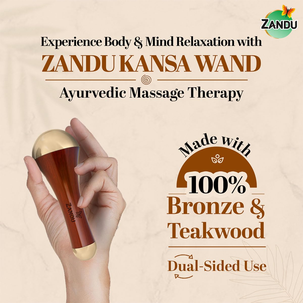 Zandu Ayurvedic Dual Sided Kansa Wand Massager | 100% Bronze & Teakwood handleâ€“ Portable Face, Neck, Body & Foot Massager | Promotes Relaxation & Improves Blood Circulation | Face Yoga Wellness Tool
