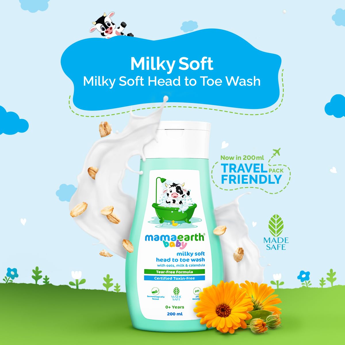 Mamaearth Milky Soft Head to Toe Wash With Oats, Milk, and Calendula for Babies- 200 ml |2-in-1 Tear-Free Body Wash & Shampoo | Moisturizes and Soothes Skin | Travel-friendly Pack
