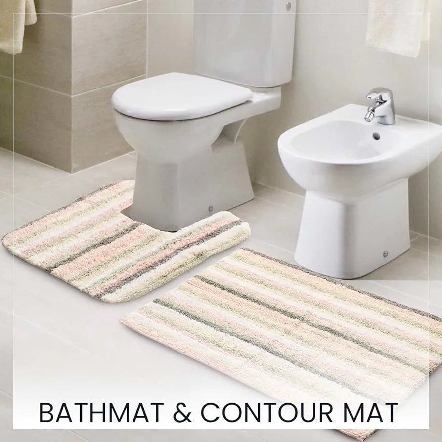 Sashaa World Striped Anti-skid Bathmat & Contour Set Colour Peach White & Grey
