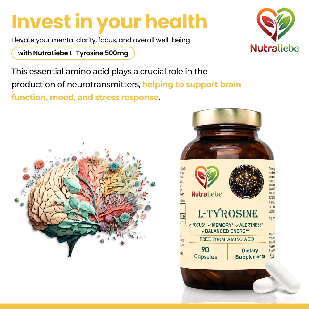 Nutraliebe L-Tyrosine 500mg - Free Form Amino Acid, Non-GMO, 90 Capsules
