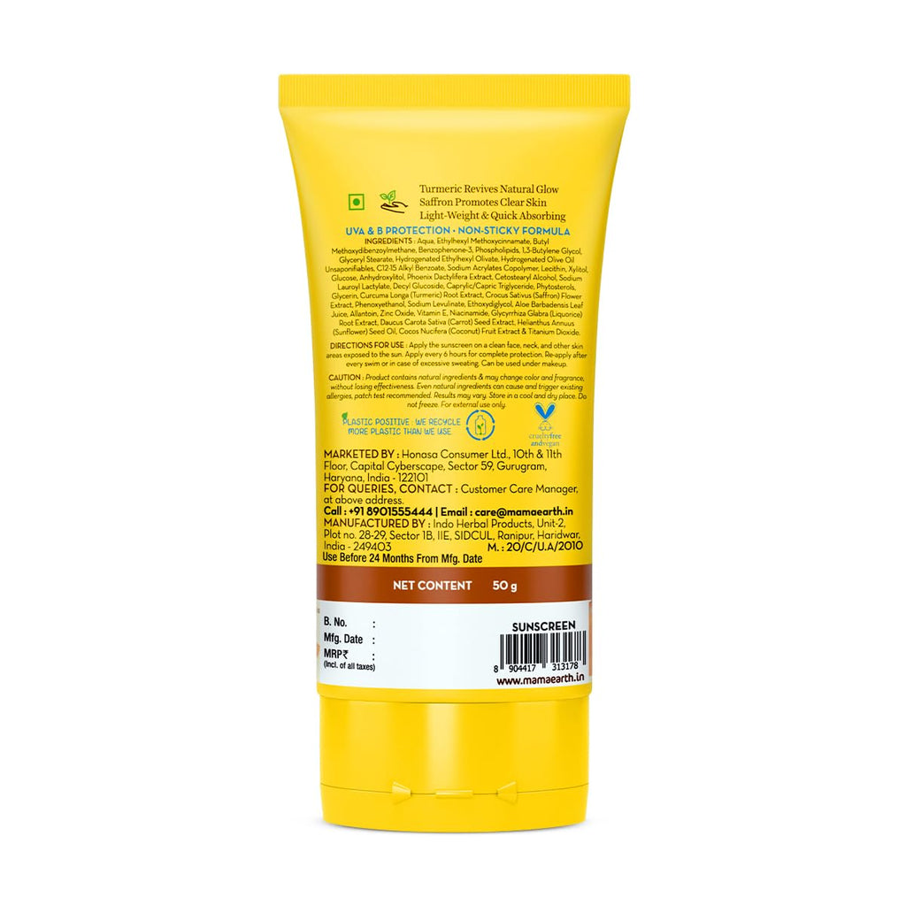 Mamaearth Ubtan Detan Sunscreen With Turmeric & Saffron | SPF 50 & PA++++ for UVA/B Protection | Tan Protection | Brightens Skin | Non-Greasy & Lightweight | No White Cast | For All Skin Types | 50 g