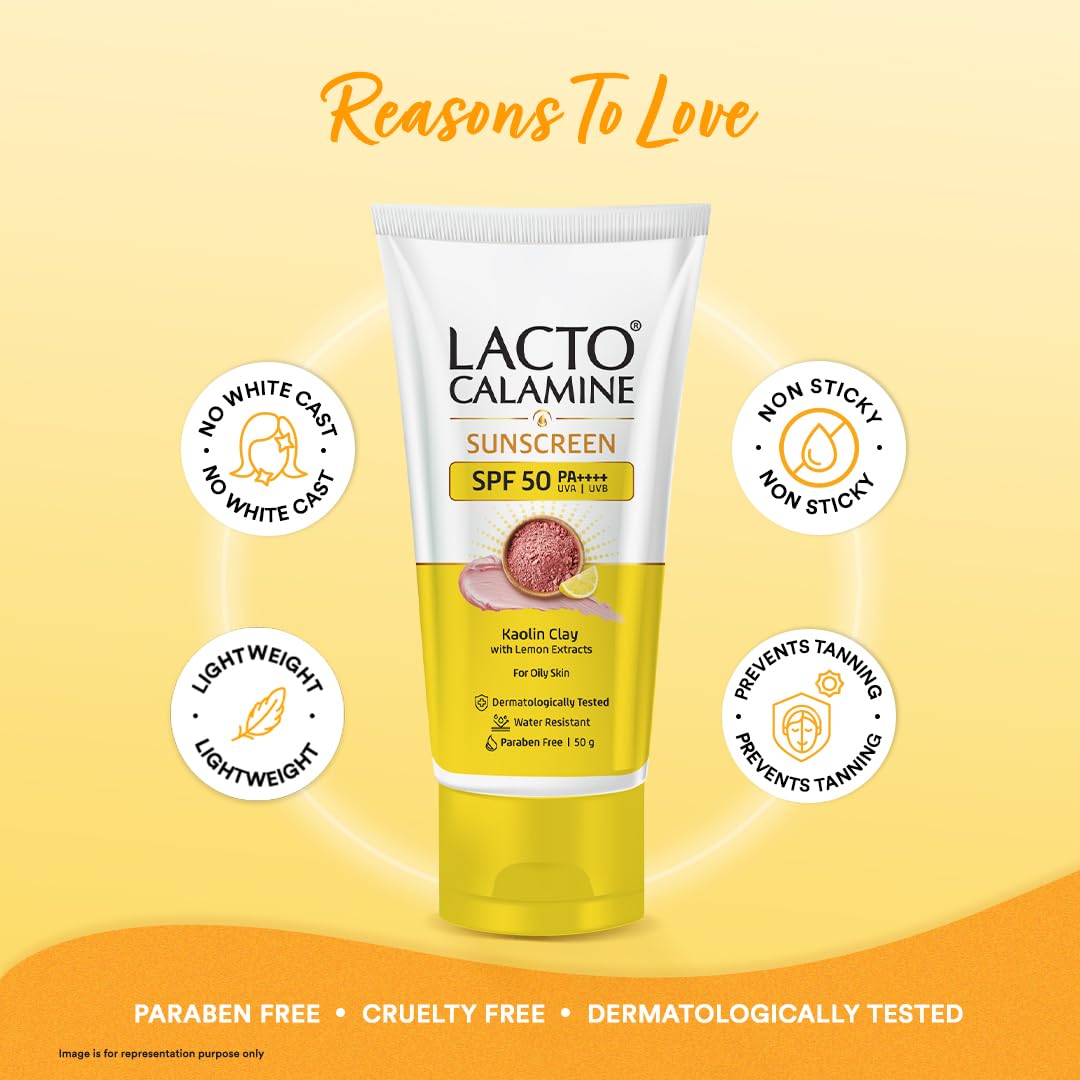 Lacto Calamine Sunscreen SPF 50 | 50g | PA ++++ For Oily Skin | UVA â€“ UVB | Water Resistant & No White Cast | With Kaolin Clay, Vitamin E & Lemon Extracts | Paraben Free