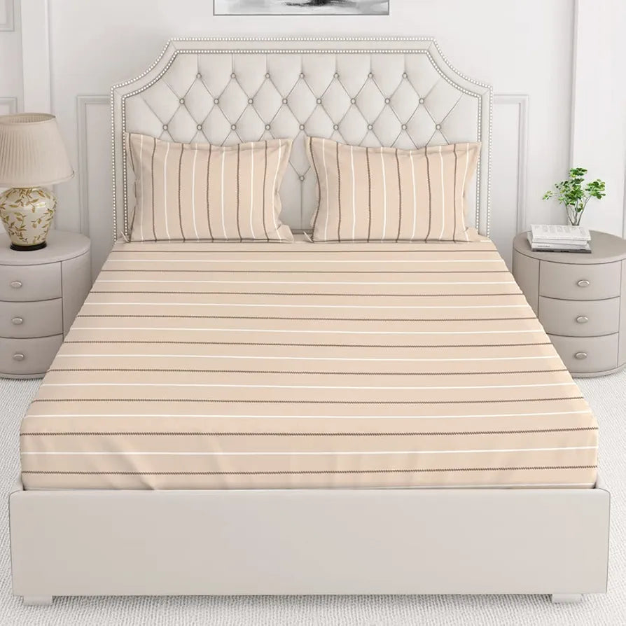 Layers Classic Cotton Bedsheet Set for All Seasons Lightweight 104 TC Queen Size Brown Lined Geometry Pattern