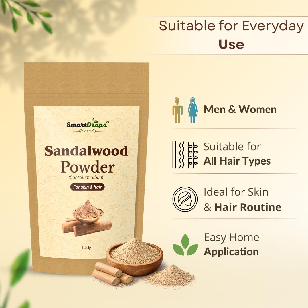 Smartdrops Sandalwood Powder for Hair and Skin Face Pack Hair Mask Mixing Powder for DIY Beauty and Scalp Care Routine | Sandalwood Powder Face Pack for Glowing Skin & Tan Removal | 100g (Pack-1)