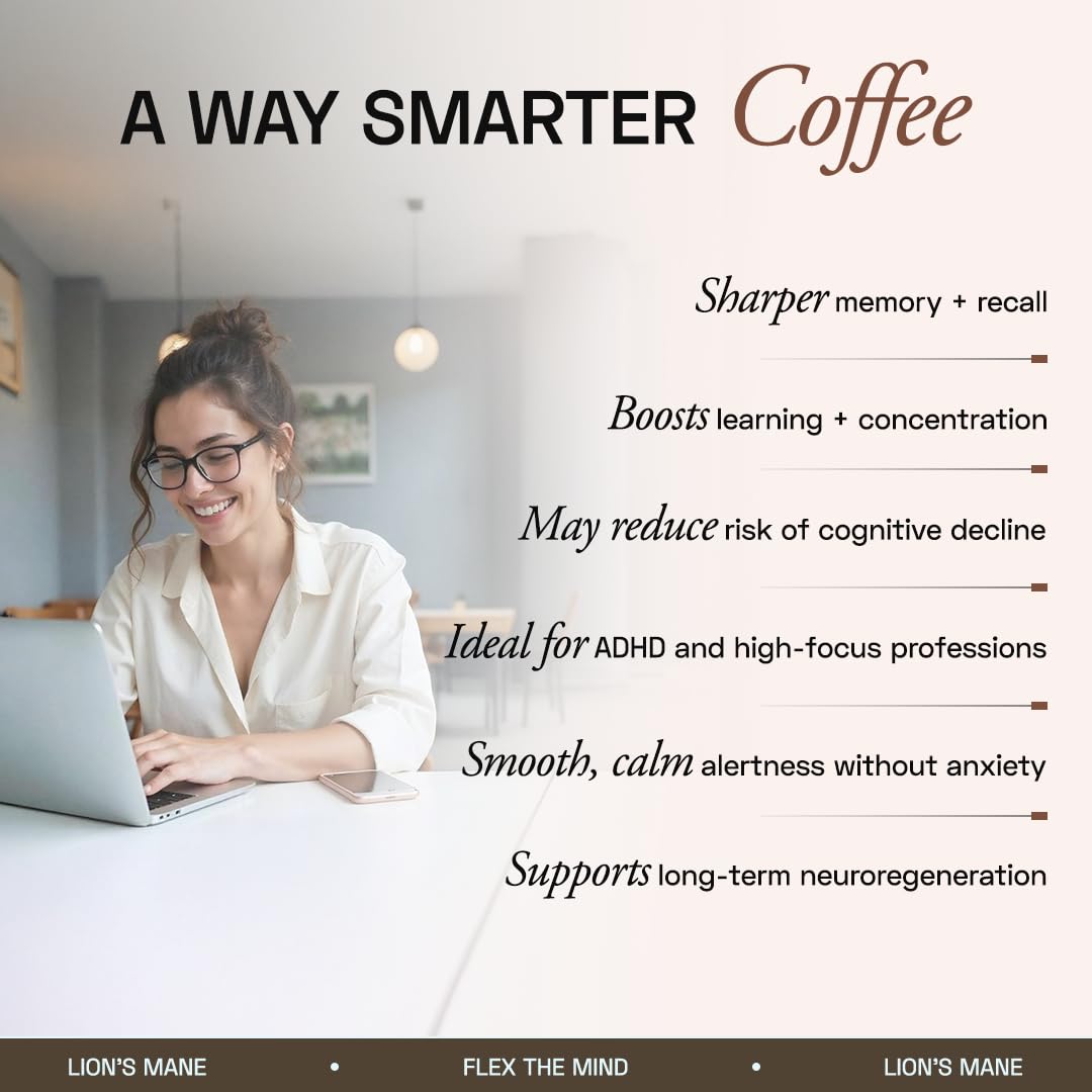 Ace Blend Lions Mane Shroom Coffee (15 Serves) | 500mg Lion's Mane Extract | KSM-66 Ashwagandha | L-Theanine & MCT Powder | Focus | Memory | Cognitive Support | Instant Coffee | Medium Roast Blend