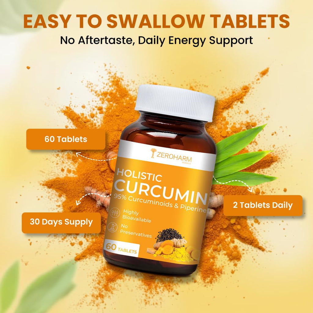 ZEROHARM Holistic Nano Curcumin Tablets with 95% Curcuminoids & Piperine | Turmeric Supplement for Joints, Immunity & Pain Relief | Antioxidant and Anti Inflammatory | For Men & Women | 60 Tablets