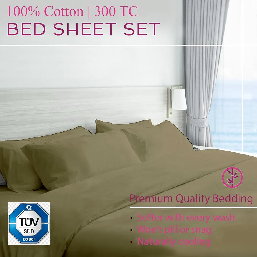 Trance Home Linen Premium 300 TC Pure 100% Cotton Printed King Fitted Bedsheet King Bed Elasticated Fitted Bedspread With 2 Pillow Covers Colour Beige