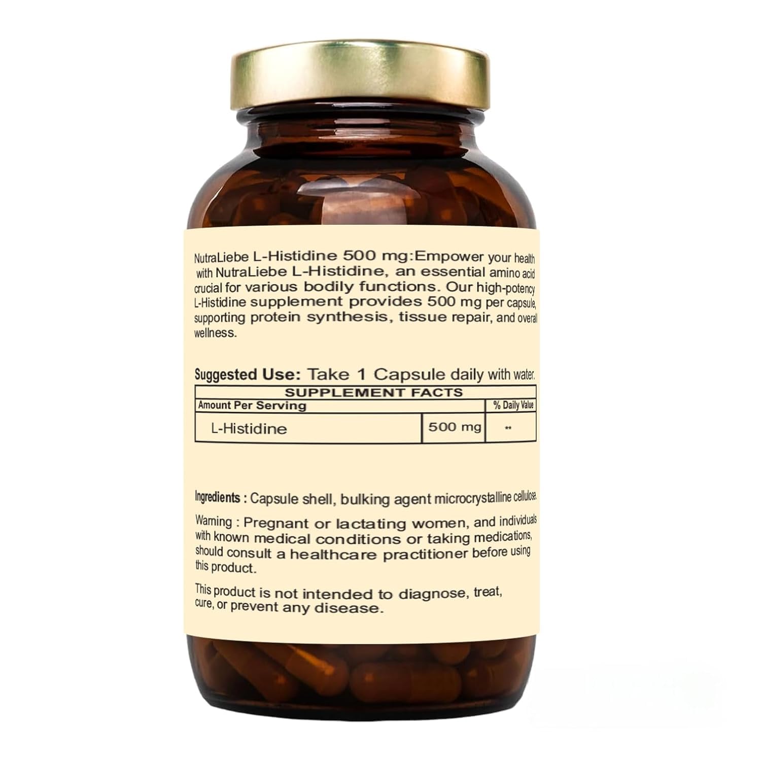 Nutraliebe L-Histidine 500mg - Essential Amino Acid, 90 Capsules for Protein Synthesis and Tissue Repair