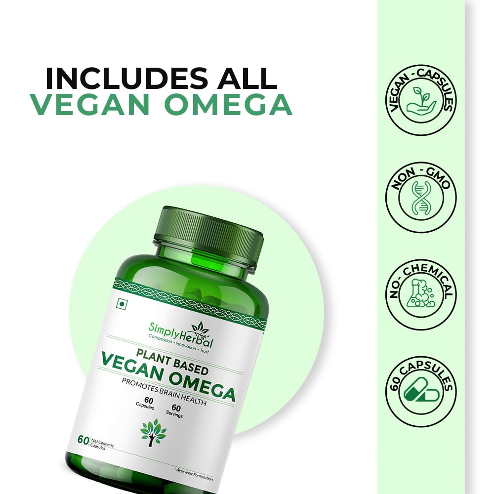 Simply Herbal Organics Pure Vegan Omega 3 6 9 Capsules 500mg Supplement Triple Strength Flaxseed, DHA for Heart, Joint & Brain Health, Immunity Booster - 60 Capsules