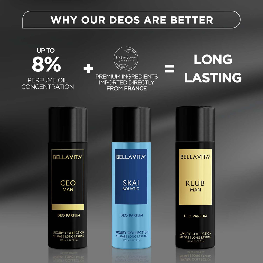 Bella Vita Luxury Body Parfum Gift Set for Men | Pack of 3 x 150ml | No Gas Deo for Man | CEO, Skai Aquatic & Klub | Long Lasting Fragrance with Tonka, Bergamot, Vanilla