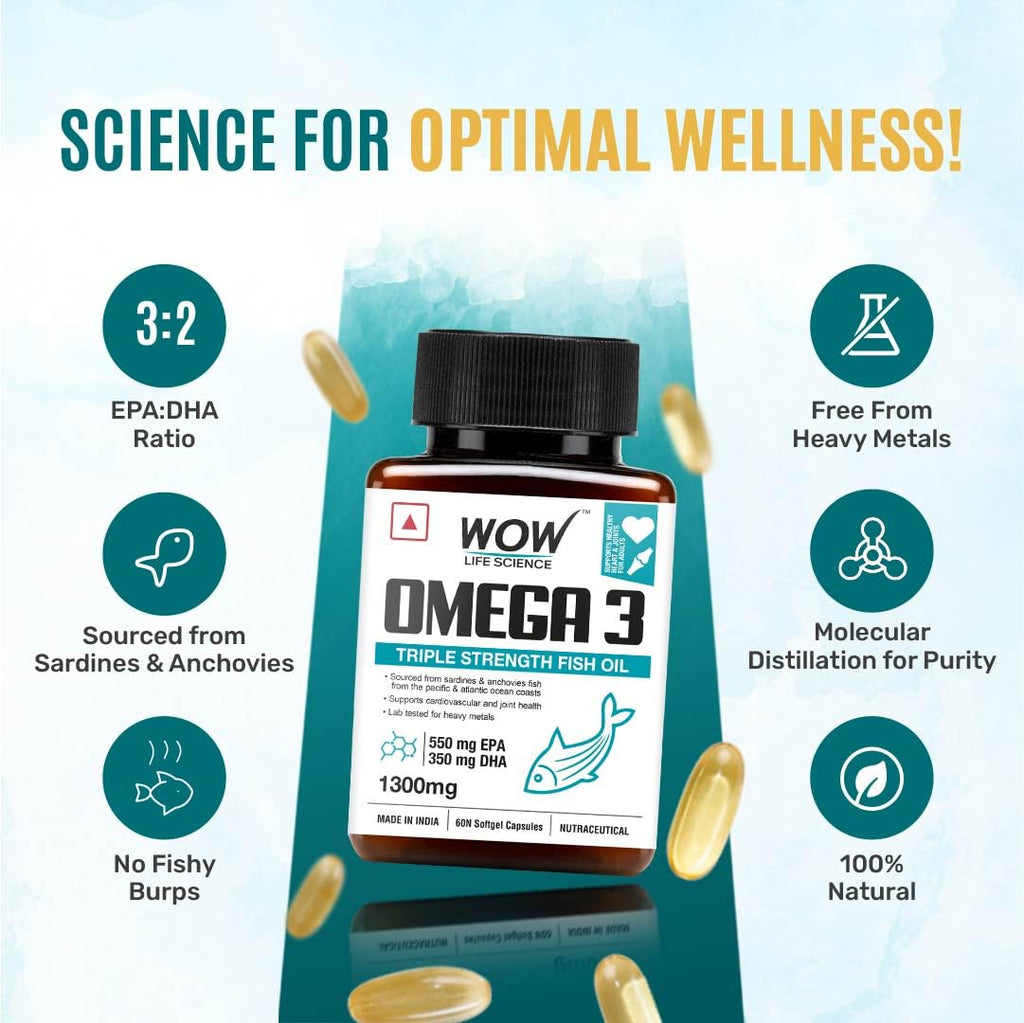 WOW Life Science Omega-3 Fish Oil 1300 Mg Triple Strength 550Mg Epa 350Mg Dha,Burpless,Mercury Free,Ideal For Keto Diet,1 Count