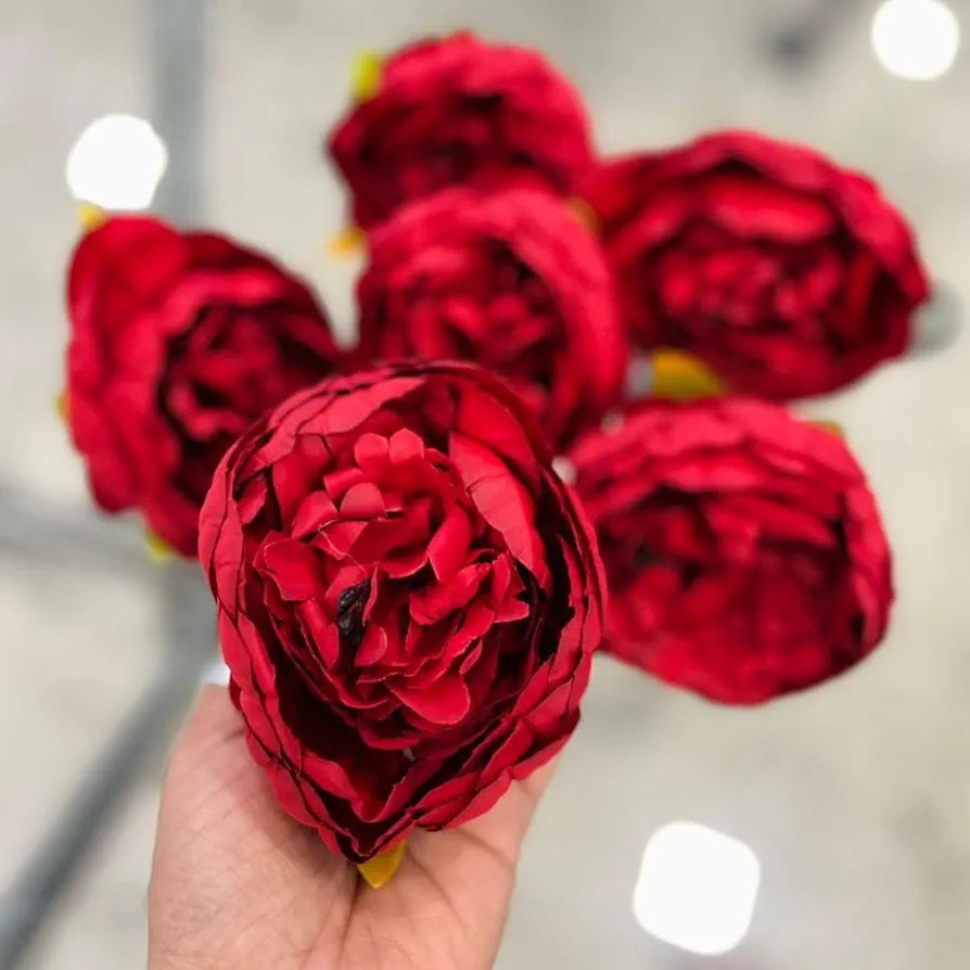 6 Pcs Artificial Fabric Rose Flower Heads Handmade Peony Style Flowers Red