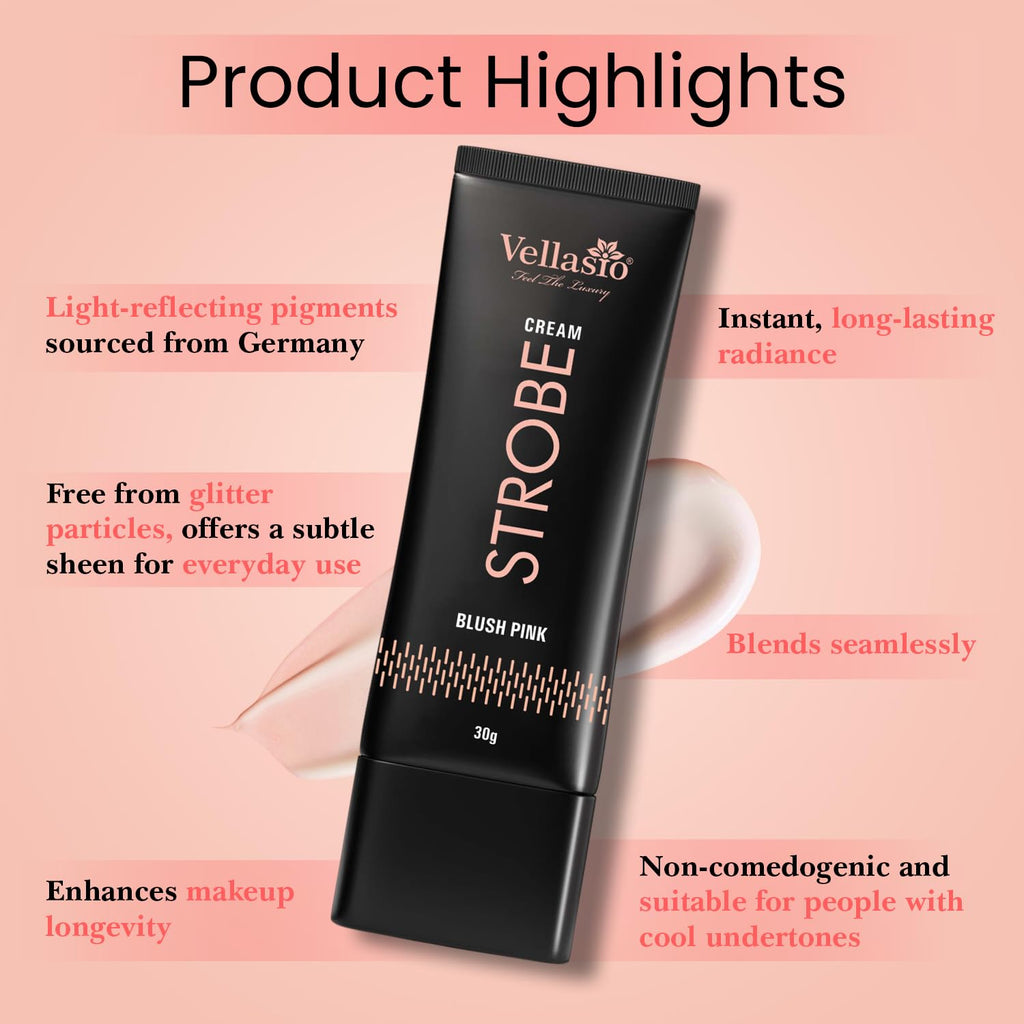 Vellasio Strobe Cream - Blush Pink | Face Illuminator & Primer with Hyaluronic Acid, Squalene & Japanese Sakura | Dewy Glow, Hydration, Non-Comedogenic for All Skin Types - 30g