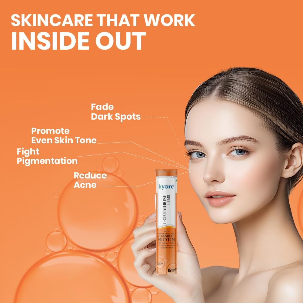 L-Glutathione Effervescent Tablet 500mg for Skin Health with Sea Buckthrone,Vitamin C, Hyaluronic Acid, Vitamin E & Biotin - Orange Flavour (Pack of 1)