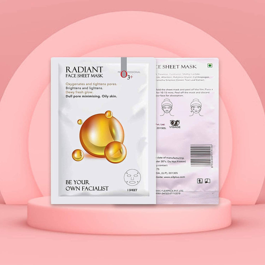O3+ Facialist Radiant Face Sheet Mask for Oxygenates and tightens pores to reduce uneven skin tone