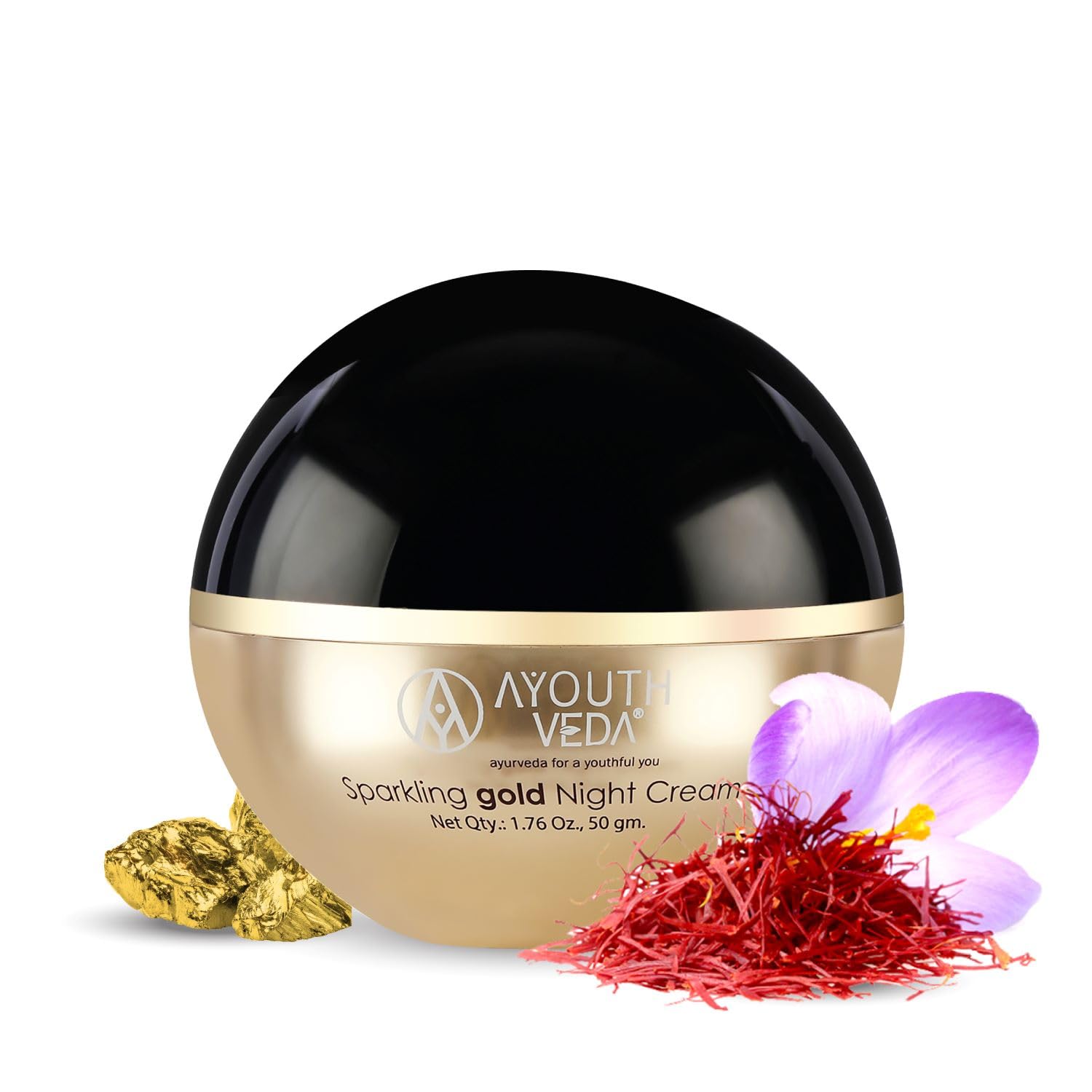 Ayouthveda Sparkling Gold Night Cream | 24K Nano Gold & Kashmiri Saffron | Reduces Fine Lines, Wrinkles & Dark Spots | Restores Skin Firmness & Elasticity | Overnight Anti-Ageing Face Cream (50g (Pack of 1))