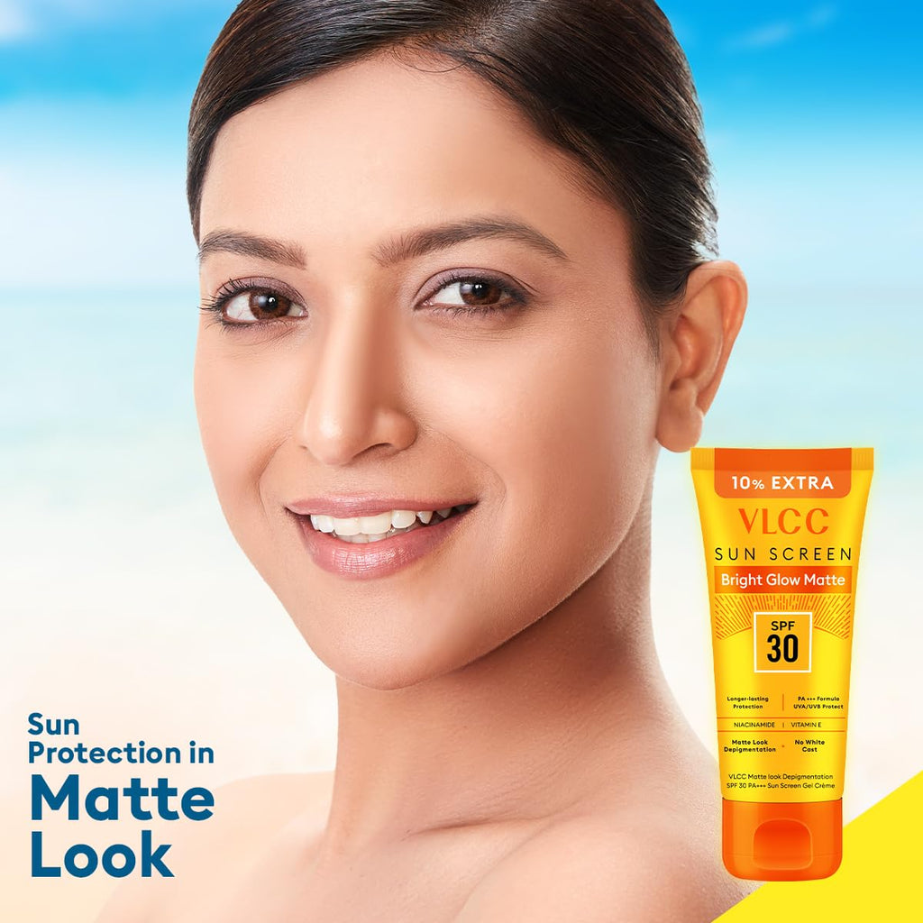 VLCC Bright Glow Matte SPF 30 PA ++ Sunscreen Gel Crème - 100g + 10g Extra - Helps Depigmentation, Non-Greasy Tinted Matte Formula with Broad Spectrum Protection