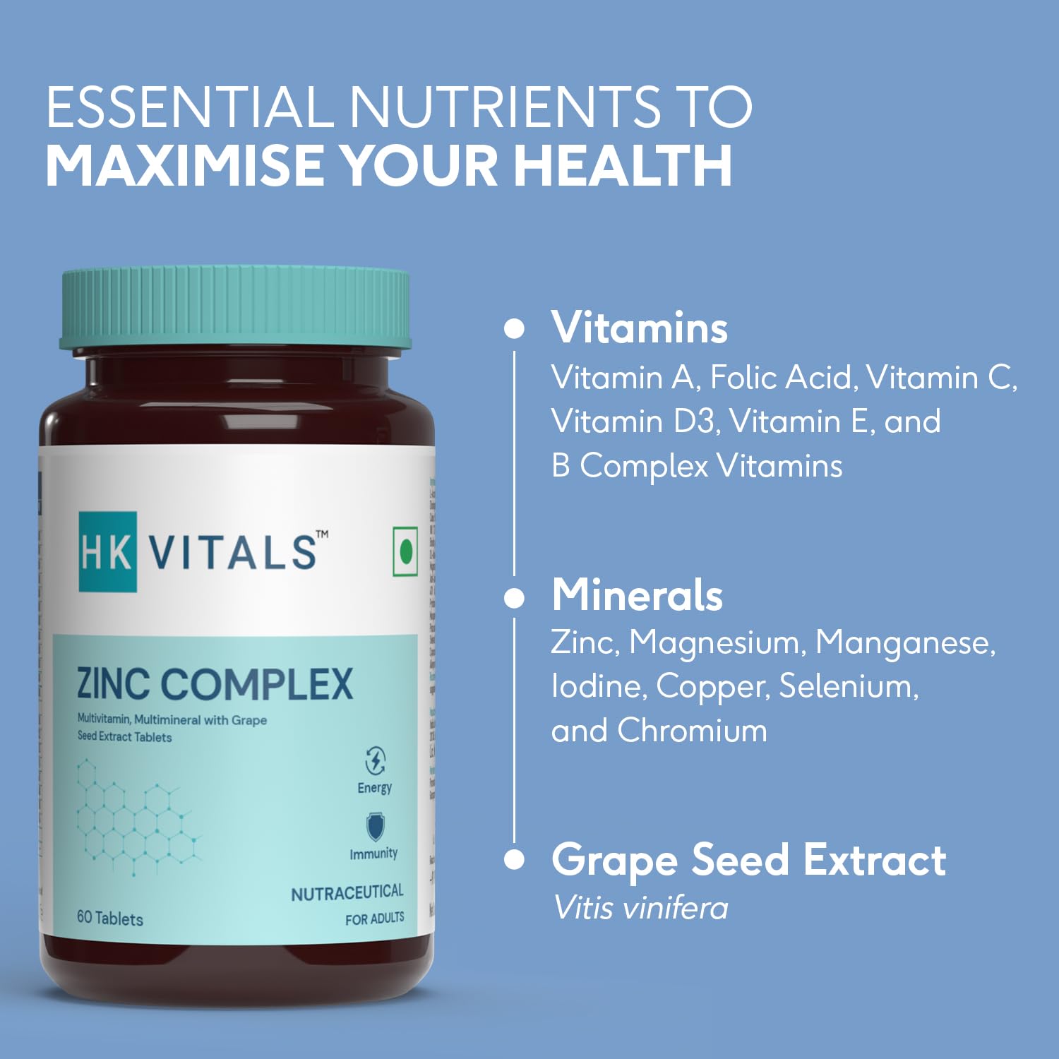 HealthKart HK Vitals Zinc Supplements (60 Tablets) | With Vitamin C, Vitamin D3, Multivitamin and Multimineral | Immunity Boosters For Adults