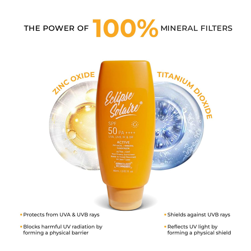 Eclipse Solaire Active Physical / Mineral Sunscreen SPF50 PA++++ | Clinically Tested | No White Cast | Broad Spectrum UVA/UVB & Blue Light Shield | Non-Greasy Sunscreen SPF 50 For All Skin Types â€“ 60ml.