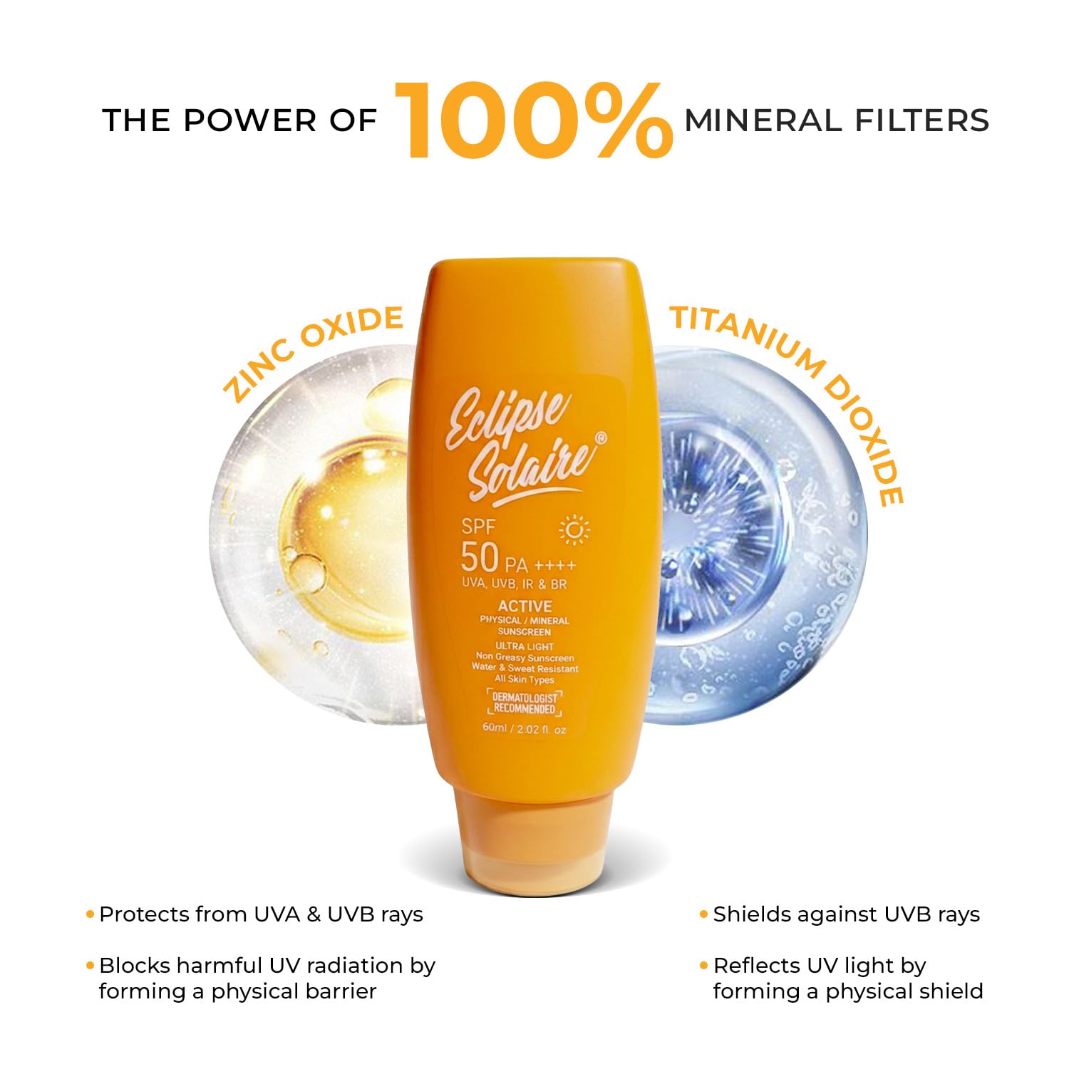 Eclipse Solaire Active Physical / Mineral Sunscreen SPF50 PA++++ | Clinically Tested | No White Cast | Broad Spectrum UVA/UVB & Blue Light Shield | Non-Greasy Sunscreen SPF 50 For All Skin Types â€“ 60ml.