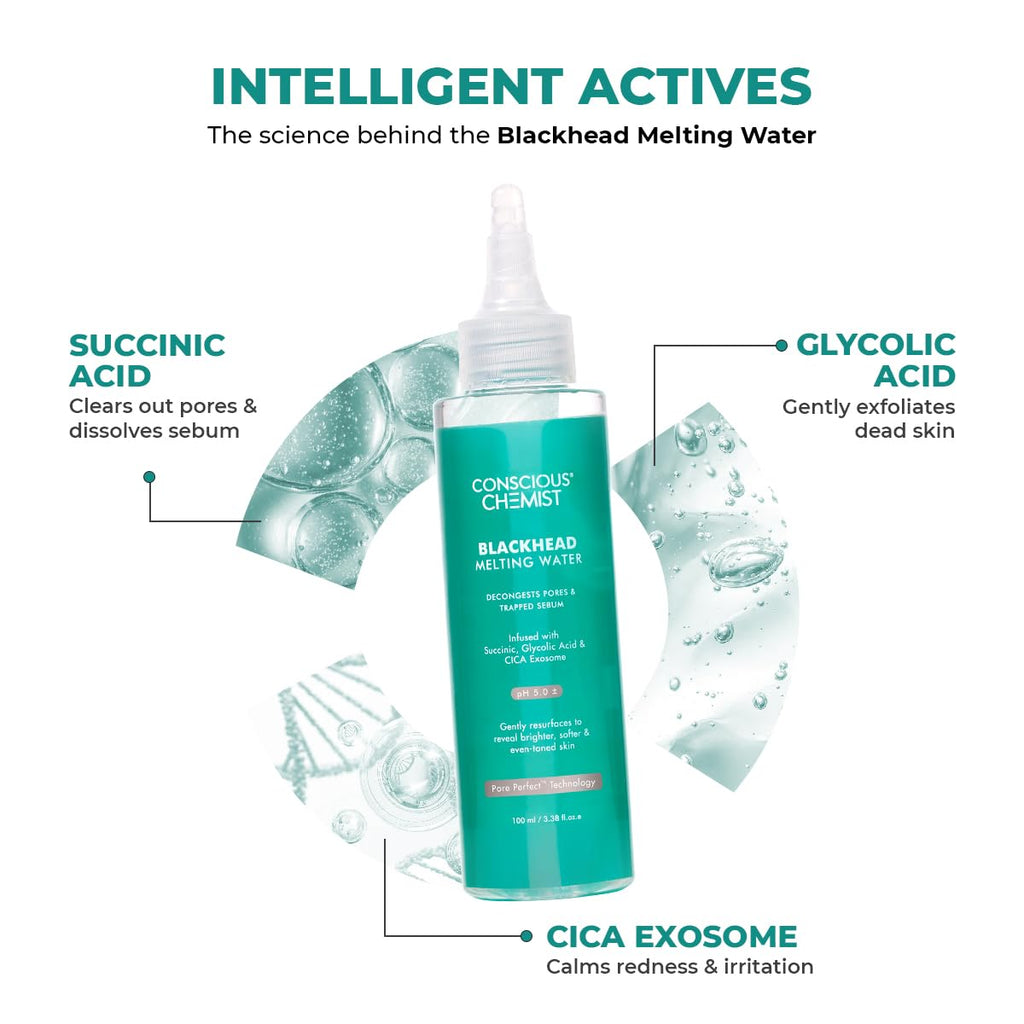 Conscious Chemist® Blackhead Melting Water | 130ml | Gentle Pore treatment with Succinic, Glycolic Acid & CICA Exosome | Unclogs Pores, Dissolves Blackheads & Smoothens Skin | Toner For Men & Women